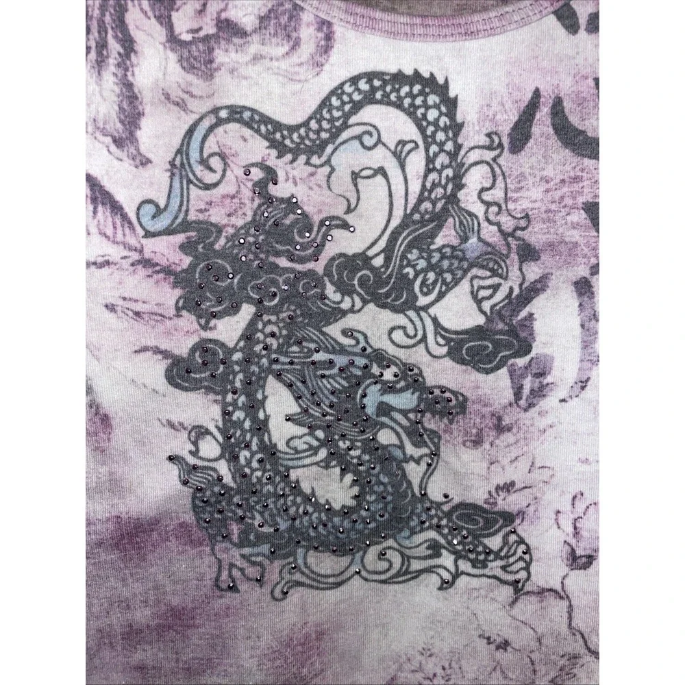 Fit Y2K 2000s On-trend Tank Top Purple Dragon Scoll Rhinestone Super Soft Medium